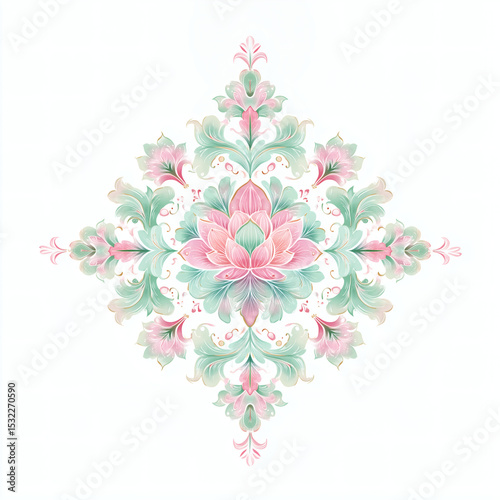 Pastel Lotus Damask Clip Art Design in Soft Pink and Mint with Ornate Symmetry and Delicate Watercolor Style