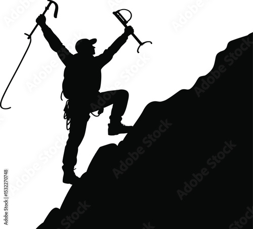 Silhouette of a man climbing a mountain with hiking poles and a backpack reaching the summit in victory