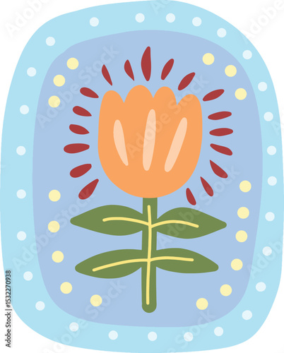 Hand-drawn Floral Emblem with Orange Tulip and Decorative Border