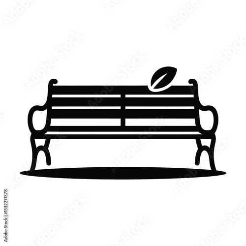 Simple black silhouette of park bench with leaf
