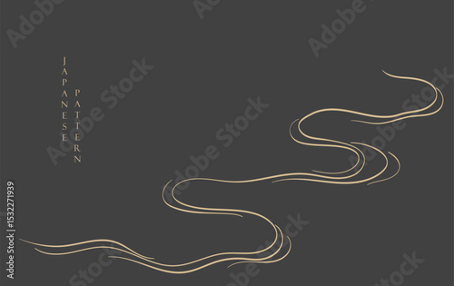 Japanese background with hand drawn wave elements vector. Gold line pattern with ocean object in vintage style. Abstract art curve element.
