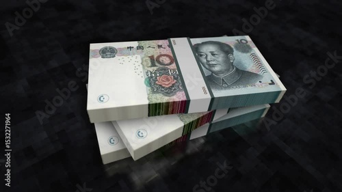 China money Chinese yuan renminbi pile pack. Concept background of economy, banking, business, crisis, recession, debt and finance. 10 CNY banknotes stacks 3d animation.