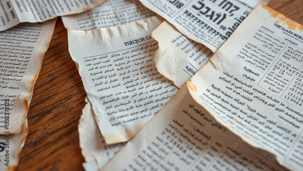 Fototapeta premium Ripped Arabic and English News Papers on Wooden Surface