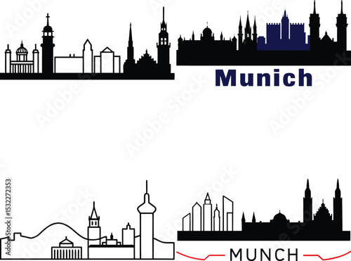 Munich Skyline Silhouette Buildings, Landmarks, Towers, Outlines on White Background