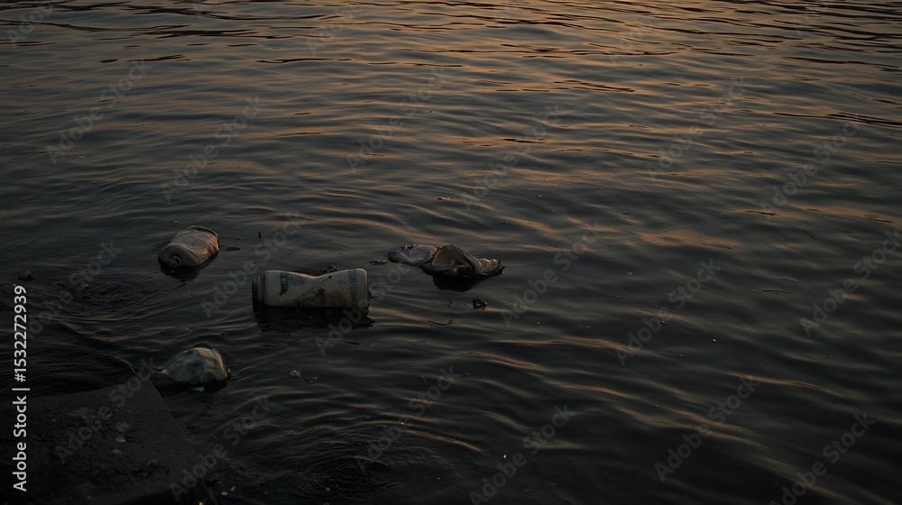 Sunset Over Polluted Water Plastic Bottles Cans Garbage Sunset Over Polluted Water Plastic Bottles Cans Garbage