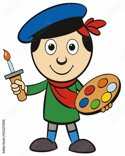 Charming Cartoon Artist  A whimsical beret-wearing painter with palette and paintbrush
