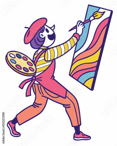 Joyful Cartoon Artist Painting with Passion, Beret, and Paintbrush