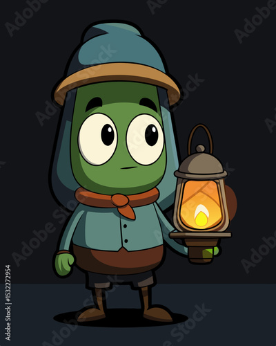 Enigmatic Green Creature A Curious Character Illustration with Lantern
