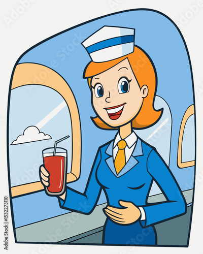 Cartoon Flight Attendant Serving Drinks A Delightful Air Travel Illustration