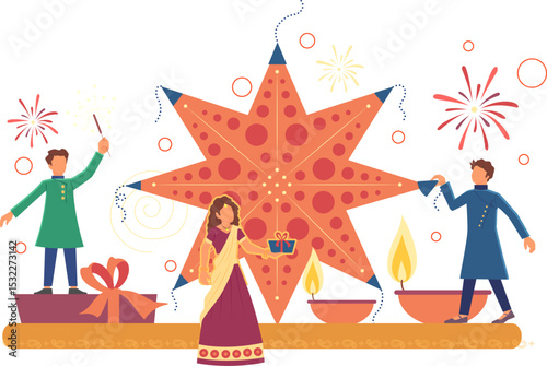 Indian people celebrating on Happy Diwali Hindu Holiday background for light festival of India