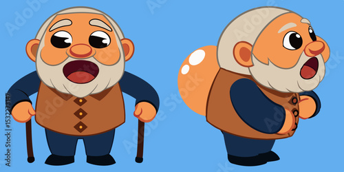Cartoon Old Man Grumpy, Surprised, and Happy - Three Emotions in One Adorable Character Design
