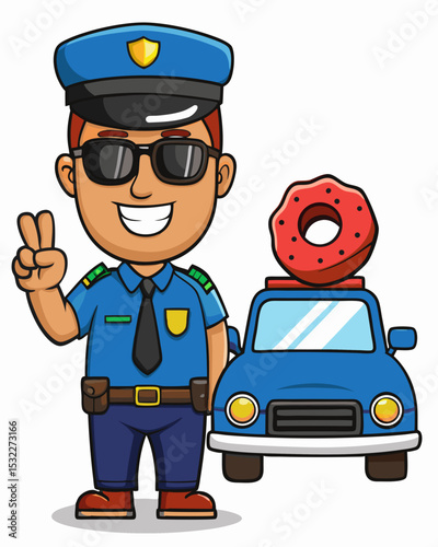 Cool Cartoon Police Officer Character with Sunglasses and Donut Car