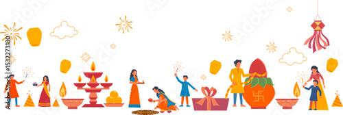 Indian people celebrating on Happy Diwali Hindu Holiday background for light festival of India