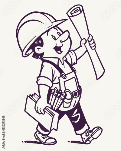 Happy Construction Worker Cartoon Illustration A Funny, Oversized Blueprint Design
