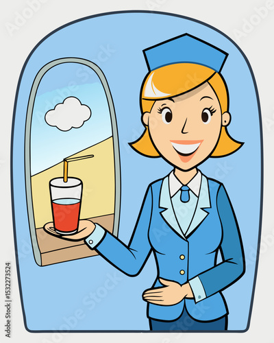 Flight Attendant Serving Refreshments In-Flight Beverage Service Illustration