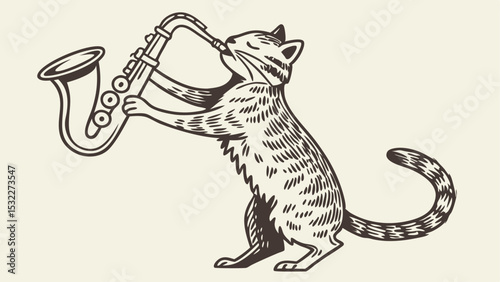 Illustration of a cat with a saxophone on a white background