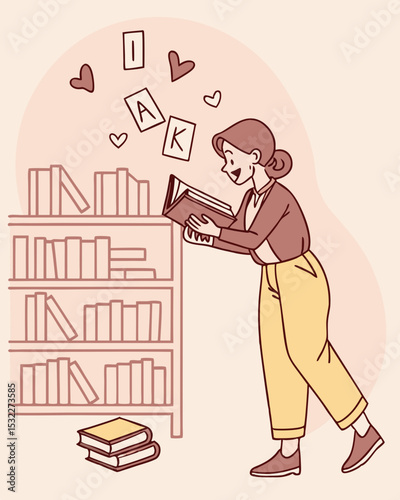 A Librarian's Joy Organizing Bookshelves with a Warm Smile and Passion for Reading