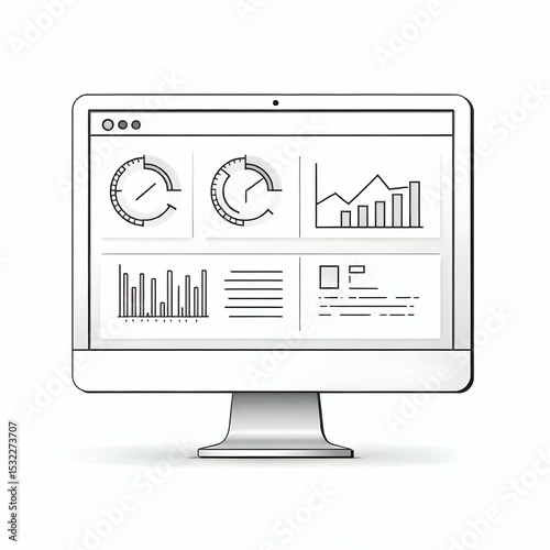 Minimalist black and white vector icon of a KPI dashboard with simplified charts, gauges, and metric boxes, clean line art, no background