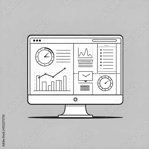 Minimalist black and white vector icon of a KPI dashboard with simplified charts, gauges, and metric boxes, clean line art, no background
