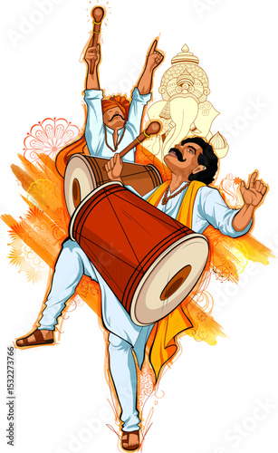 people playing dhol tasha in Lord Ganpati background for Ganesh Chaturthi festival of India
