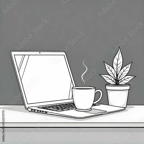 Single vector icon in black and white of a home office setup with laptop, coffee mug, and plant on desk, clean line art, minimalist style, no background