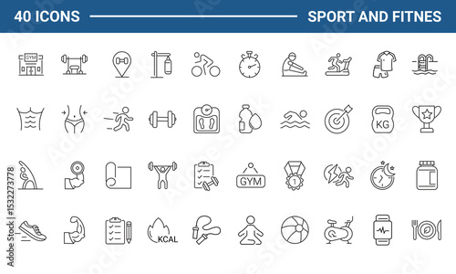 Sport and Fitness set of web icons in line style. Gym and health care. Healthy lifestyle icons. Nutrition and dieting, training, body care, healthy food, workout, muscle, and weight. Editable Stroke