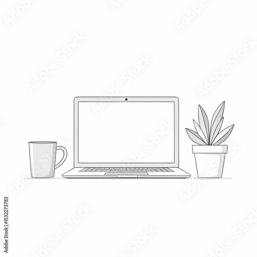 Single vector icon in black and white of a home office setup with laptop, coffee mug, and plant on desk, clean line art, minimalist style, no background
