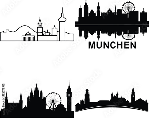 Munich Skyline Silhouettes, Line Art Icons, Ferris Wheel, Building Landmarks, Germany