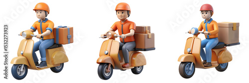 Set For Three delivery men on scooters isolated on transparent background