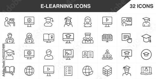 E-learning icons, Education Icon Pack: E-Learning, Classroom & Teacher Line Art, Modern E-Learning Interface Icons, new online education icon