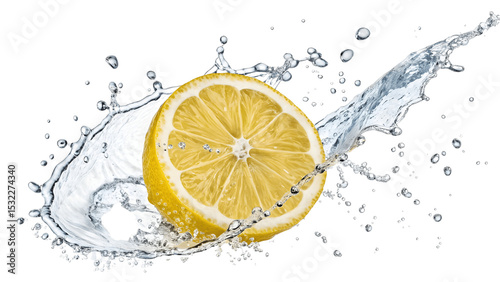 A juicy lemon slice, caught in a refreshing splash of water isolated on transparent background
