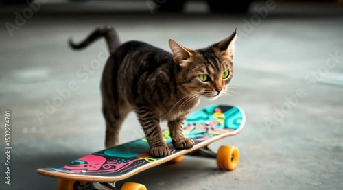 Curious cat standing confidently on skateboard with colorful designs