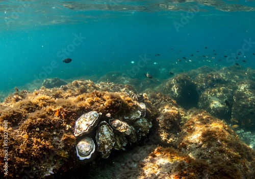 Underwater wild oysters in their natural habitat for marine life research or marine background