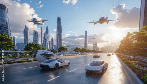 高層ビル、空飛ぶ車、クリーンエネルギーなど理想の未来都市・スマートシティの生成AI画像