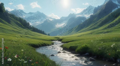 Stunning valley with winding stream surrounded by majestic mountains