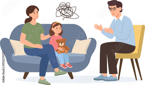 Conversation between mother, child and psychologist or psychotherapist. Family psychotherapy. Psychologist and professional support concept. Vector illustration