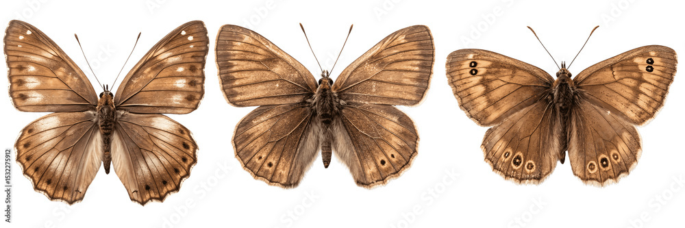 Naklejka premium Set For Three brown butterflies isolated on transparent background, wings spread