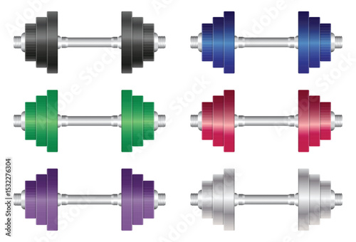 Array of workout equipment demonstrating strength, fitness, and healthy exercise. Dumbbells in black, blue, green, red, purple, and silver.