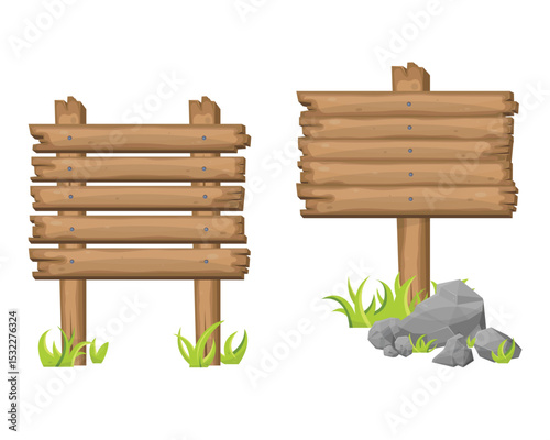 Rustic wooden signs set against a white background, offering a blank canvas for wayfinding, notices, or creative display.  