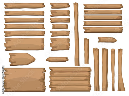 Cartoon wooden planks and posts. A variety of shapes and sizes of wood. Could be for signs, construction, or decorations.