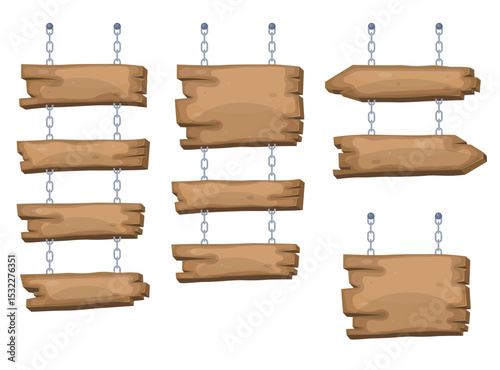Cartoon wooden signs hang from chains, offering rustic charm and direction with their aged textures and varied shapes.