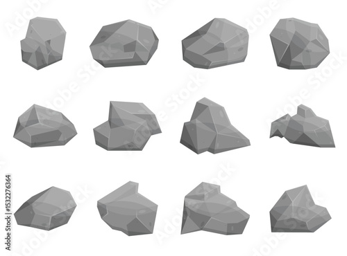 Twelve cartoon rocks in varying shapes, sizes, and orientations displayed against a plain white backdrop, each with a unique polygonal form.