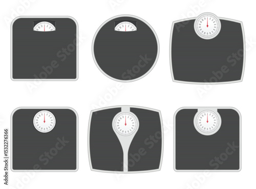 A variety of analog bathroom scales are displayed, each with a different shape, all featuring a dial indicator for weight measurement.