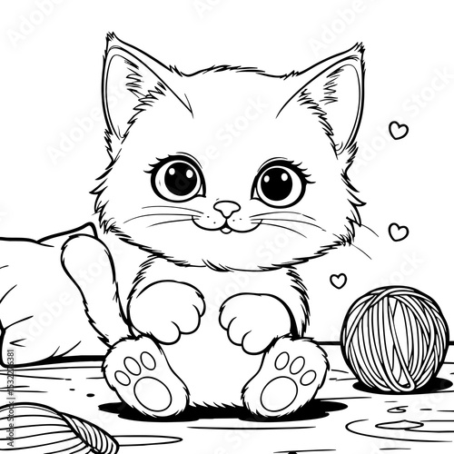 Adorable Fluffy Kitten Playing with Yarn and Surrounded by Hearts