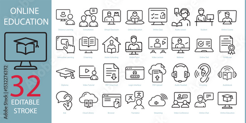 Online education line icons, such as audio lesson, home schooling, e-learning and more. Vector illustration. Editable stroke.