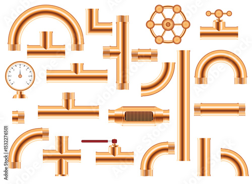 A selection of shiny copper pipes and fittings, including elbows, T-joints, valves, a pressure gauge, and straight sections, all arranged on white.