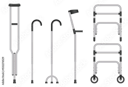 Mobility Aids: A selection of canes, crutches, and walkers to assist with walking and movement, aiding rehabilitation and daily life.