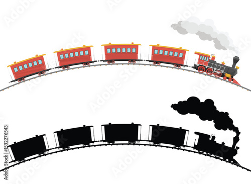 Vintage Train Journey: A nostalgic ride on the rails with classic passenger cars, with a shadowy echo, on a white background.