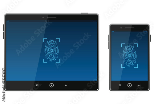 Digital Security: A tablet and mobile phone displaying a fingerprint scan on their screens, symbolizing biometric authentication and data protection.
