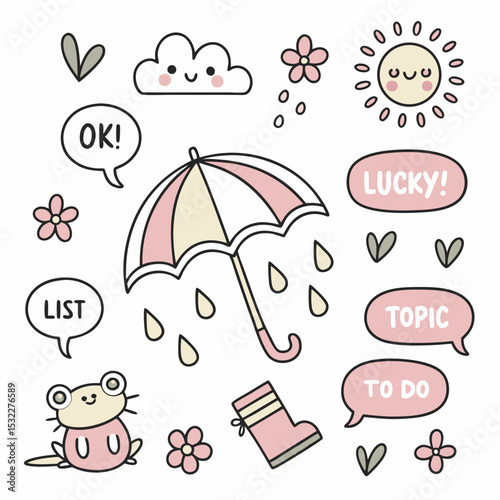 Hand-Drawn Rainy Season Doodles – Cute Pastel Weather Icons with Japanese Text